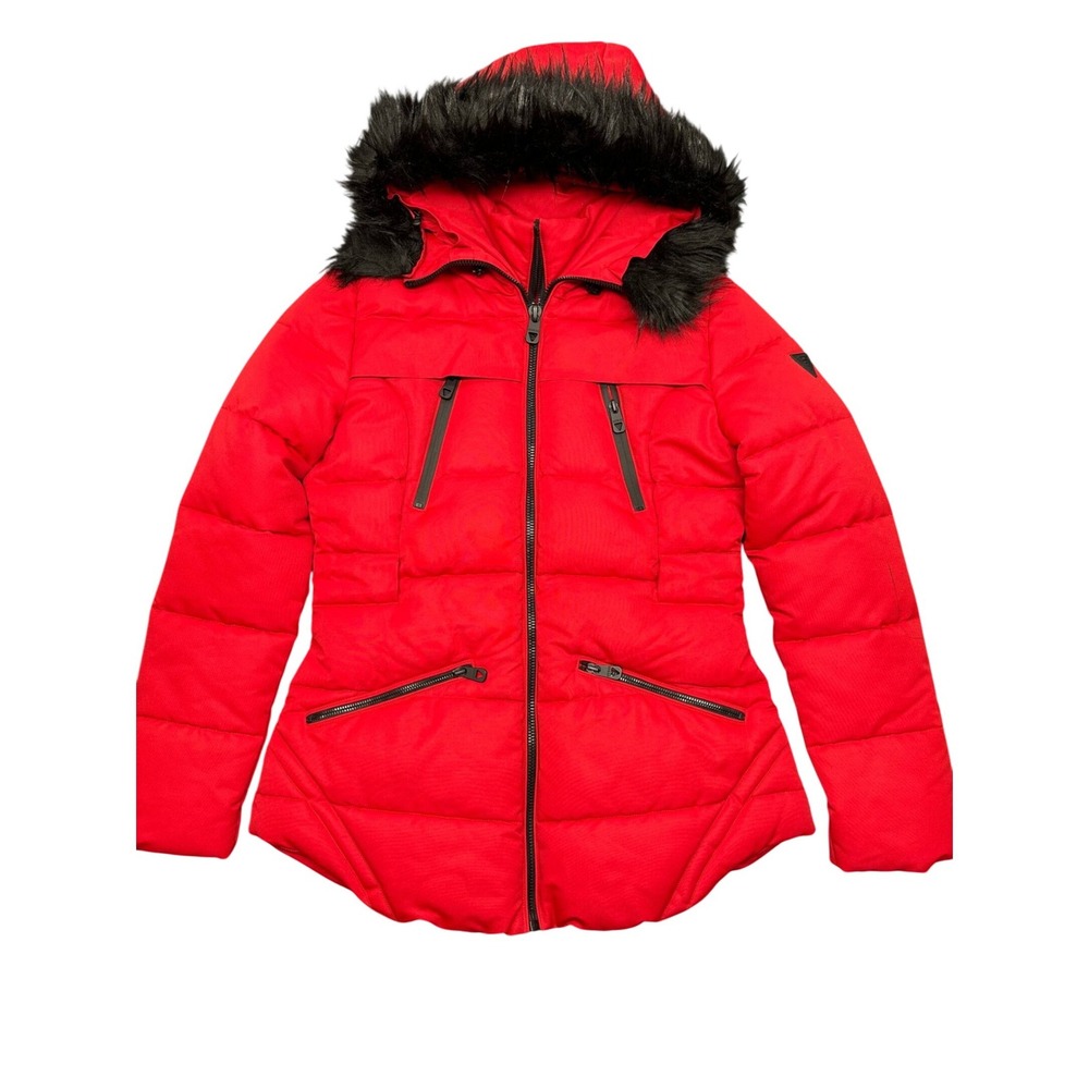Guess Womens Red Quilted Puffer Jacket Faux Fur Hood Small 22LMP804‎